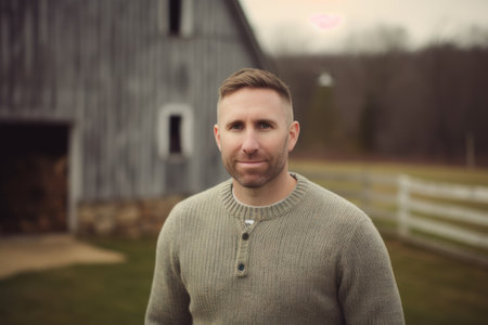 Portrait of a handsome man standing outside in front of a barnの素材