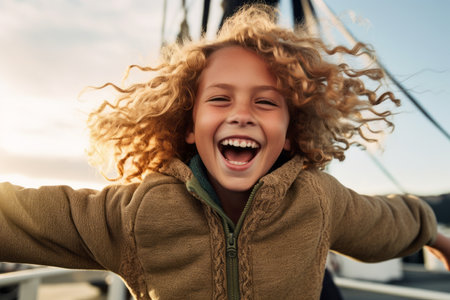 Portrait of a cheerful little girl having fun on the deck of a yachtの素材