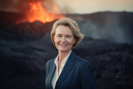 Portrait of senior businesswoman standing in front of a volcanic eruptionの素材