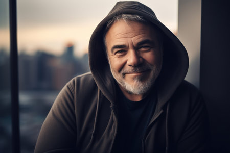 Portrait of a senior man in a hoodie on a city background.の素材