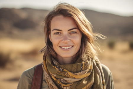 Portrait of a beautiful young woman in the middle of the desertの素材