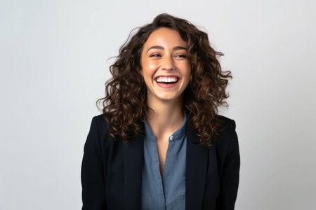 Portrait of a happy young businesswoman laughing against white background.の素材