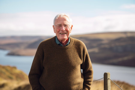 Senior man standing on top of a hill looking at the camera smilingの素材