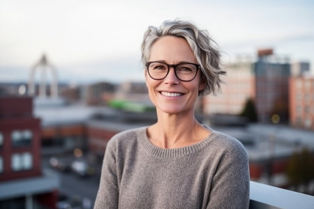 Portrait of smiling mature woman in eyeglasses standing on balconyの素材