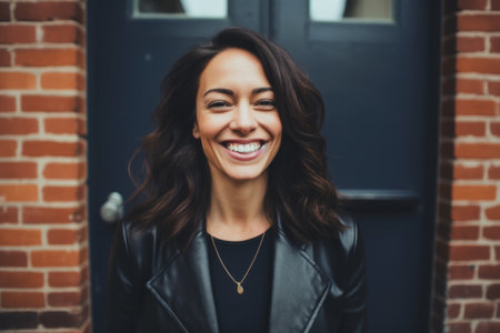 Portrait of a beautiful young woman smiling and looking at the cameraの素材