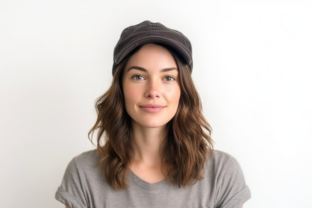 Portrait of a beautiful young woman with long brown hair and a capの素材