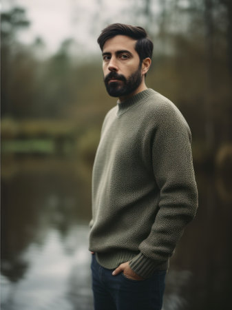 Portrait of a handsome bearded man in a sweater. Men's beauty, fashion.の素材