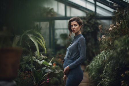 Portrait of a beautiful pregnant woman in a greenhouse. Pregnancy.の素材