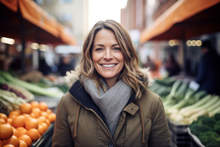 Portrait of smiling woman at the market. Focus on the womanの素材