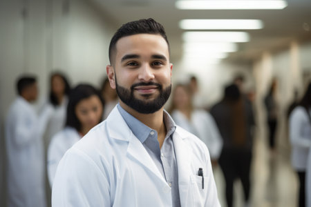 Portrait of confident male doctor standing in corridor with colleagues in backgroundの素材