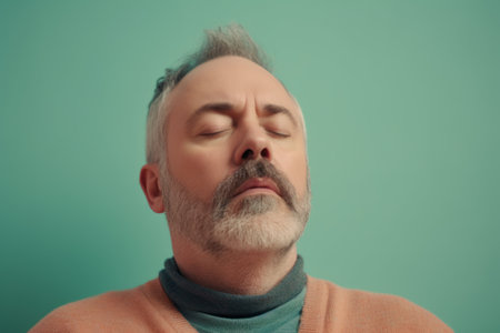 Portrait of senior man with gray hair and beard in studio on green backgroundの素材
