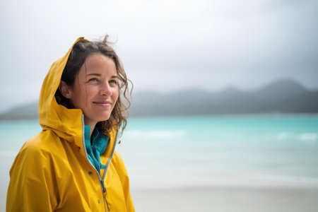 Portrait of a woman in a yellow raincoat on the beachの素材
