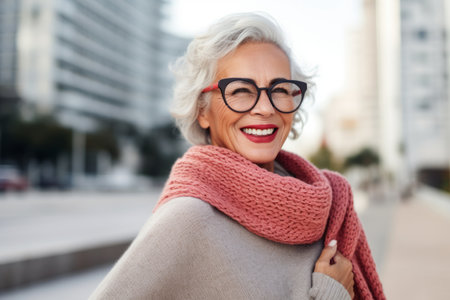 smiling senior woman in eyeglasses and scarf walking in cityの素材