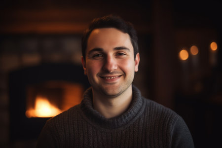 Portrait of smiling young man standing in front of fireplace at homeの素材