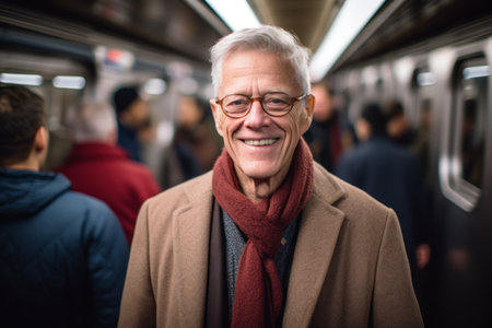 Portrait of senior man with glasses and scarf in subway train.の素材