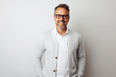 Portrait of a smiling handsome man in glasses standing against white backgroundの素材