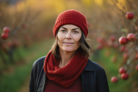 Portrait of mature woman in red hat and scarf standing in apple orchardの素材