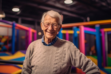 Portrait of an old man smiling at the camera in a playgroundの素材