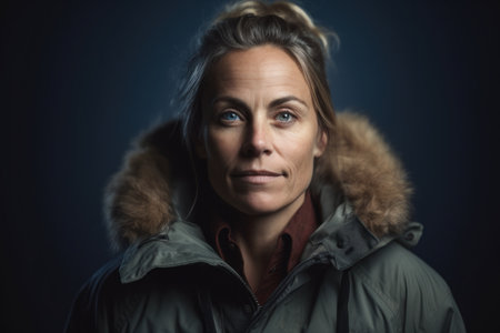 Portrait of a beautiful woman in a winter jacket on a dark backgroundの素材
