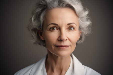 Portrait of a beautiful senior woman with gray hair and white coatの素材