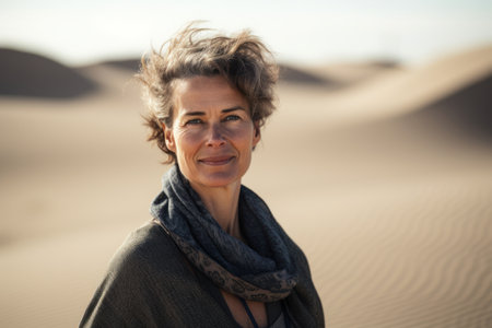 Portrait of middle aged woman in the desert. Mature woman in the desert.の素材