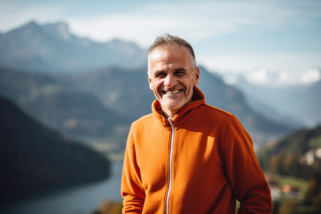Handsome middle-aged man in an orange jacket on the background of the mountainsの素材
