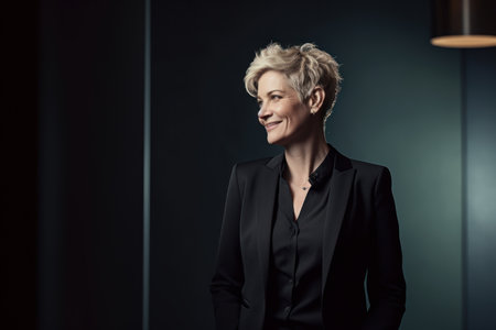 Portrait of a beautiful mature businesswoman in a black suit on a dark backgroundの素材