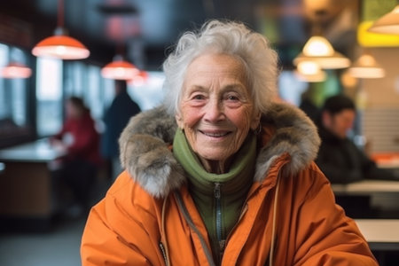 Portrait of happy senior woman in winter jacket in cafe. Mature woman smiling and looking at camera.の素材