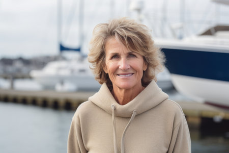 Portrait of smiling senior woman standing in front of yachtsの素材