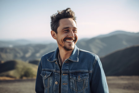 Portrait of a handsome young man in jeans jacket smiling outdoors.の素材