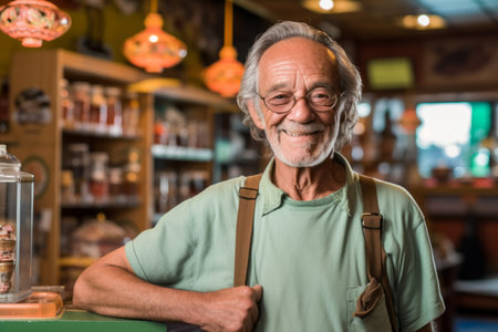 Portrait of senior man smiling at camera while standing in coffee shopの素材