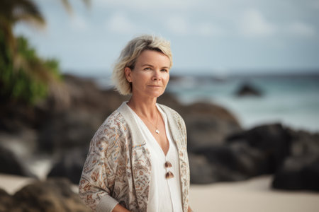 Portrait of senior woman standing on the beach at Seychellesの素材