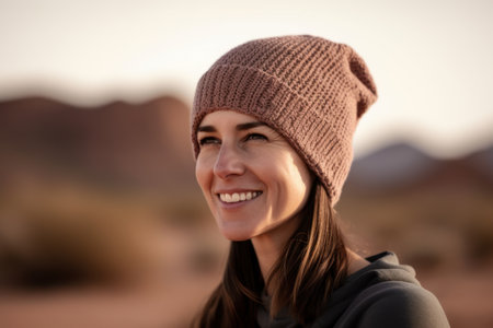 Portrait of a beautiful young woman wearing a knitted hat in the desertの素材