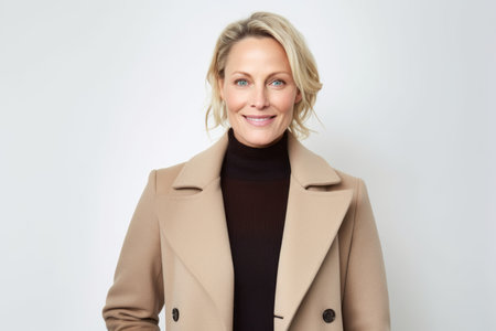 Portrait of a beautiful middle-aged woman in a beige coatの素材