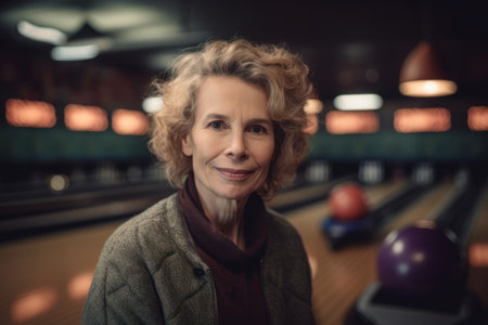 Portrait of smiling senior woman standing in bowling alley and looking at cameraの素材