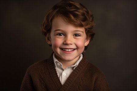 Portrait of a smiling little boy in brown sweater on dark backgroundの素材