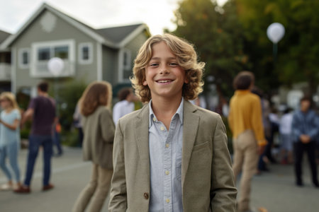 Portrait of smiling boy looking at camera while standing in front of friendsの素材