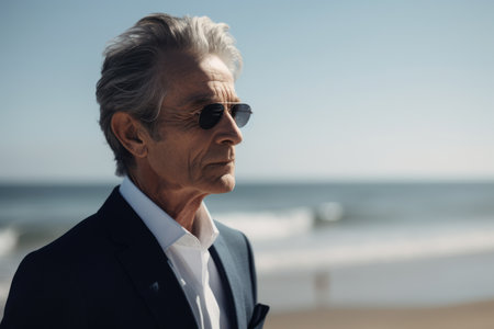 Portrait of senior businessman in sunglasses looking away while standing on beachの素材