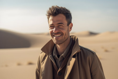Portrait of handsome young man smiling in the middle of the desertの素材