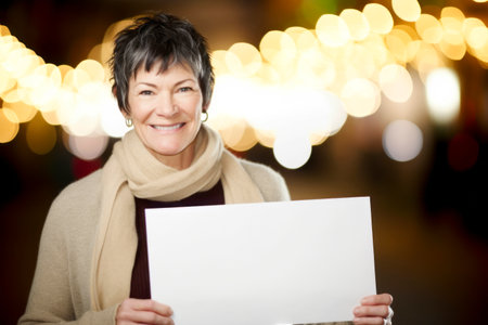 Mature woman holding a blank sheet of paper with bokeh backgroundの素材