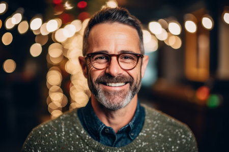 Portrait of smiling mature man with eyeglasses against blurred lightsの素材