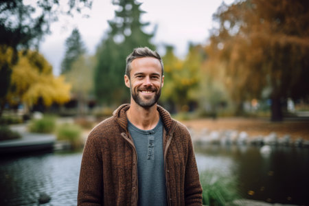 Portrait of a handsome young man with a beard in a brown jacket in a park in autumnの素材
