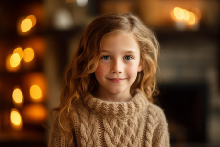 beautiful little girl with long curly hair at home on christmasの素材
