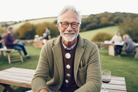 Senior man with glasses sitting at table in garden and drinking wine.の素材