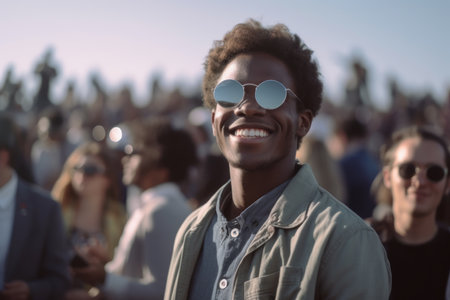 Portrait of a young african american man with sunglasses at a music festivalの素材