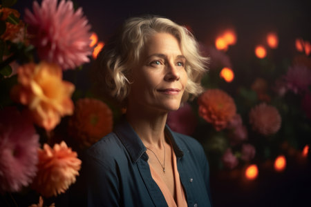 Portrait of a beautiful mature woman with flowers in the background.の素材