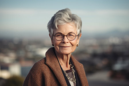 Portrait of smiling senior woman with eyeglasses against view of the cityの素材