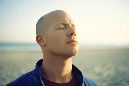 Portrait of a young man on the beach in the early morningの素材