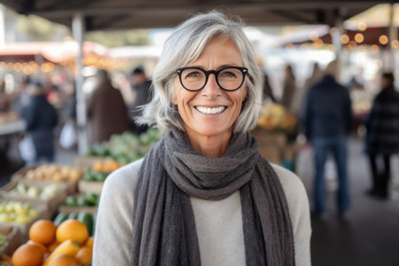 Portrait of smiling mature woman with glasses at market in the sunshineの素材