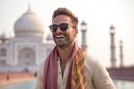 Portrait of a handsome young man with sunglasses at the Taj Mahal in Agra, Indiaの素材
